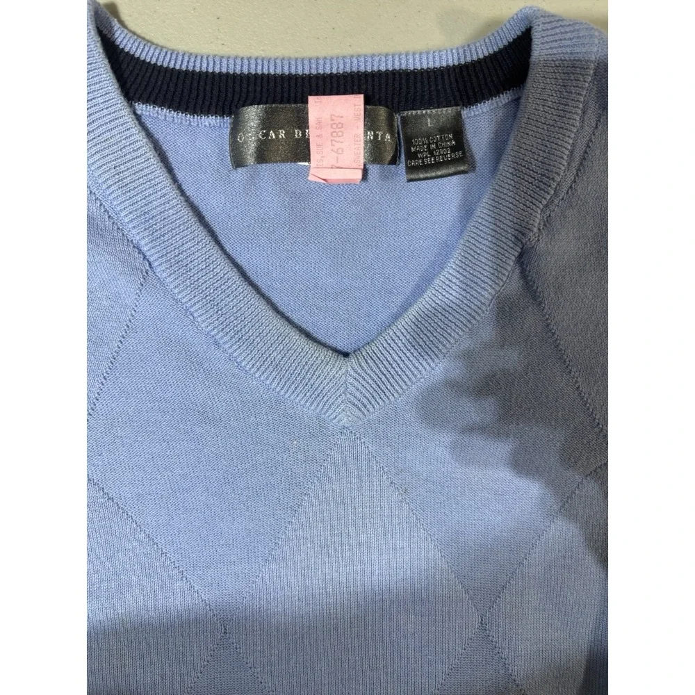 Oscar De La Renta Sweater Mens Large Blu Knit V-Neck Diamond Pattern Lightweight